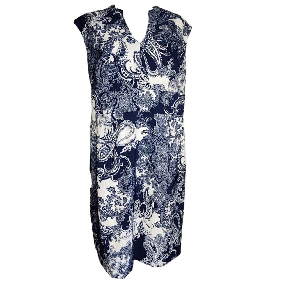 AA STUDIO AA Blue White Paisley Floral V‎ Neck Zip Back Dress Womens Size 16